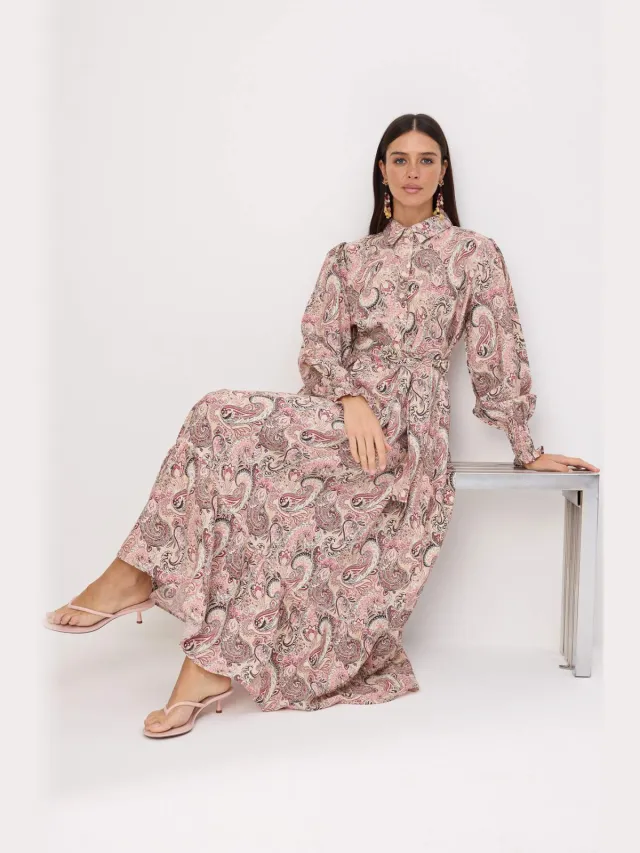 Trendyol Modest Dames Roze Paisley Maxi Lang A-lijn Modest Jurken
