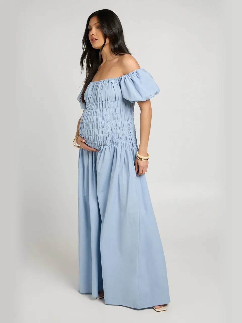 boohoo Dames Zwangerschaps Linnen-look Maxi Jurk Met Pofmouwen En Gesmockt Lijfje pastelblauw, foto 3