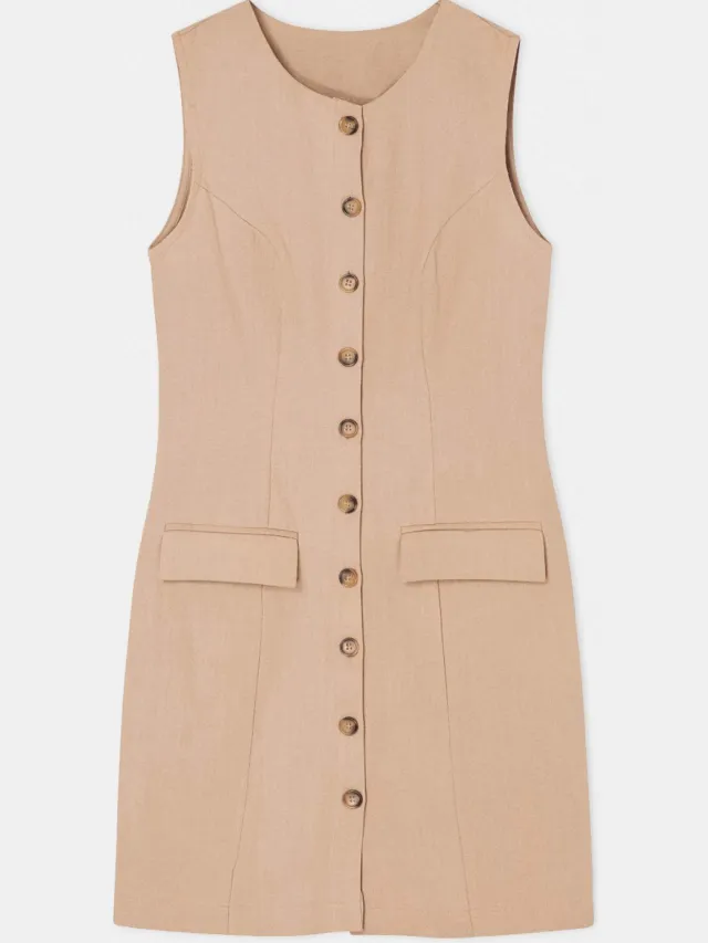 Trendyol TRENDYOLMİLLA Dames Beige Effen Kort / Mini Mouwloos Casual Blousejurk Jurken Gebroken wit