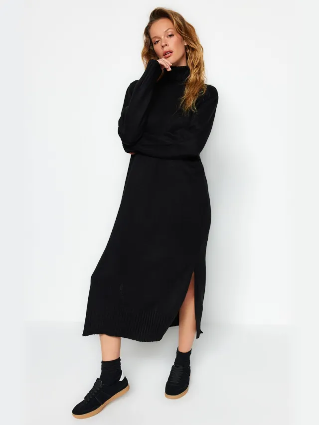 Trendyol TRENDYOLMİLLA Dames Zwart Effen Midi Lang Casual Recht Jurken