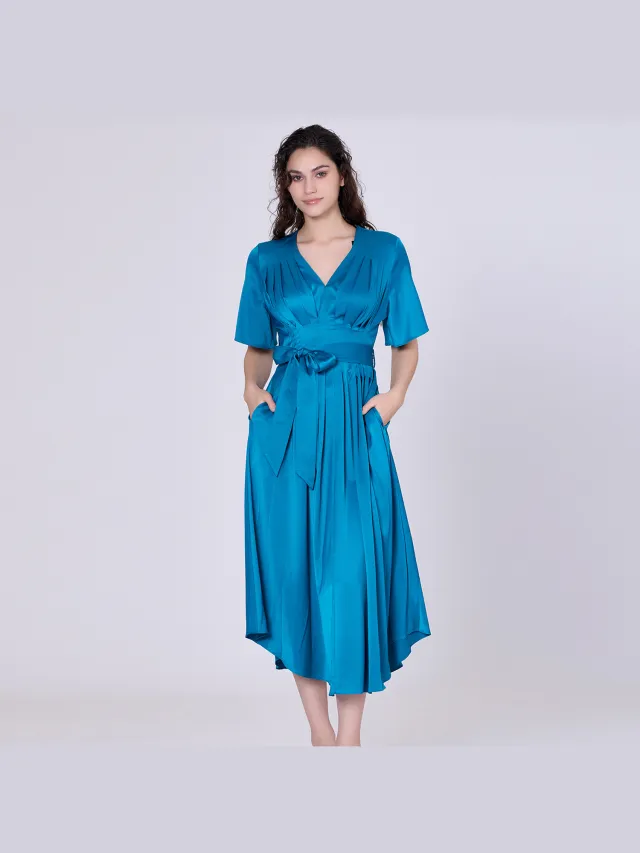 Smart & Joy Multi -plooien satijnen jurk Blauw
