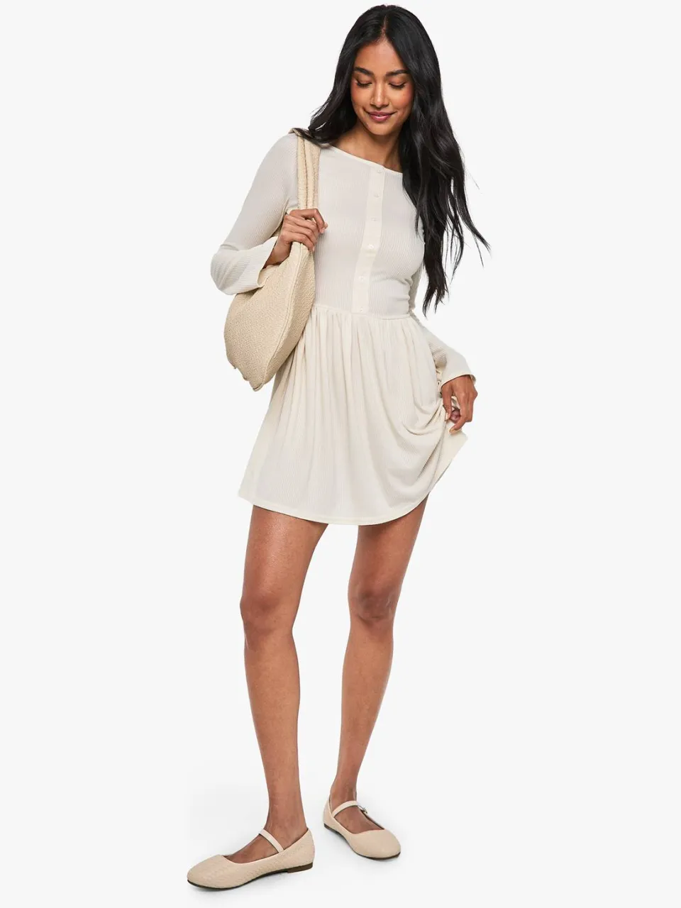 boohoo Dames Rib Drop Hem Button Down Mini Jurk crème, foto 3