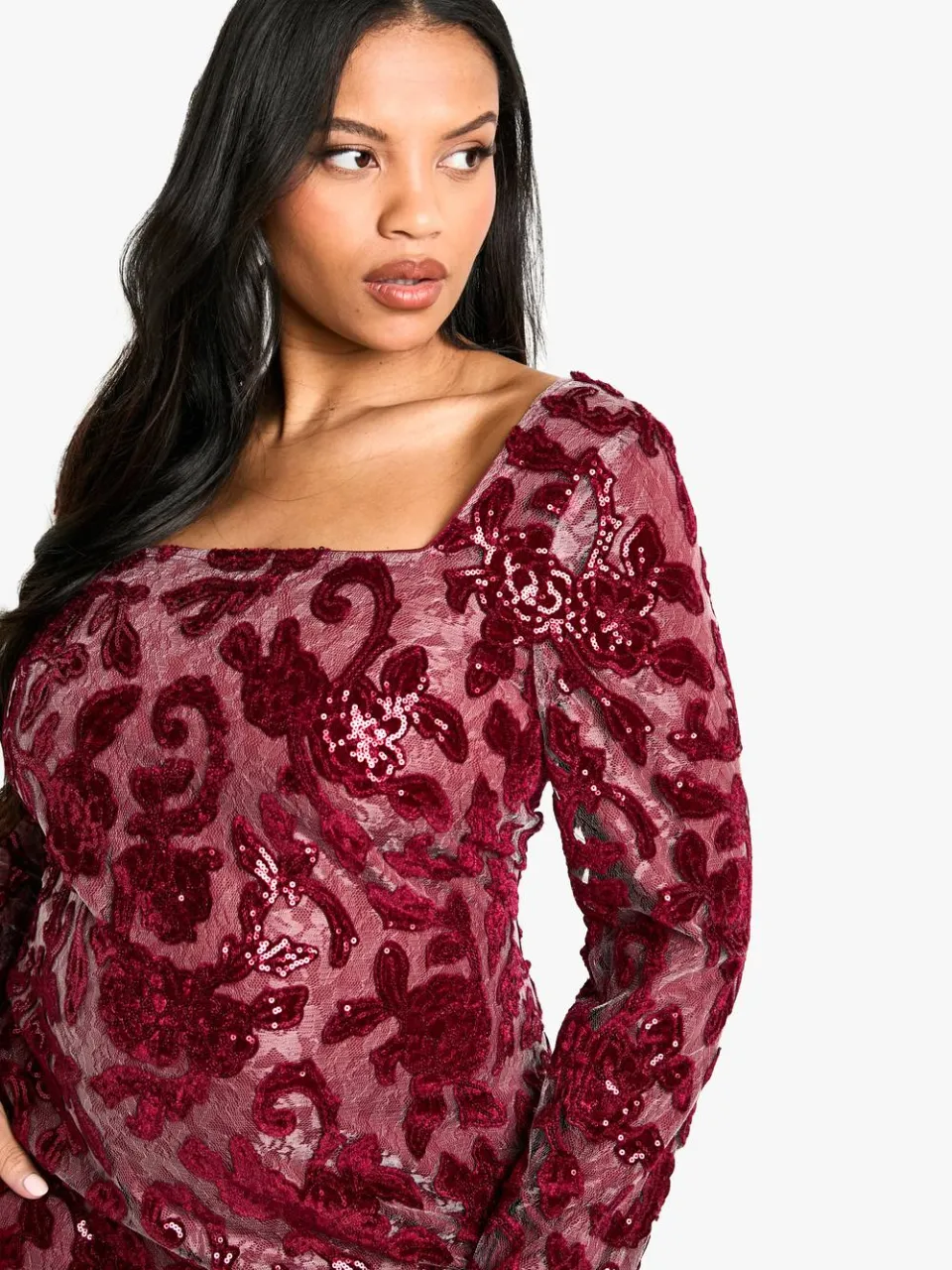 boohoo Dames Plus Demask Square Neck Bodycon Dress bessen, foto 4