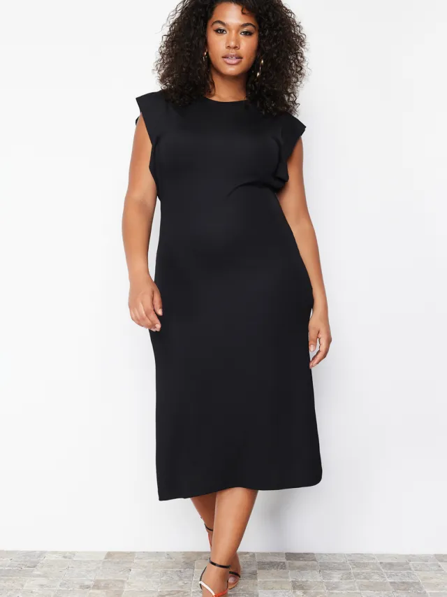 Trendyol Curve Dames Zwart Effen Midi Mouwloos Casual Recht Grote maten Jurk