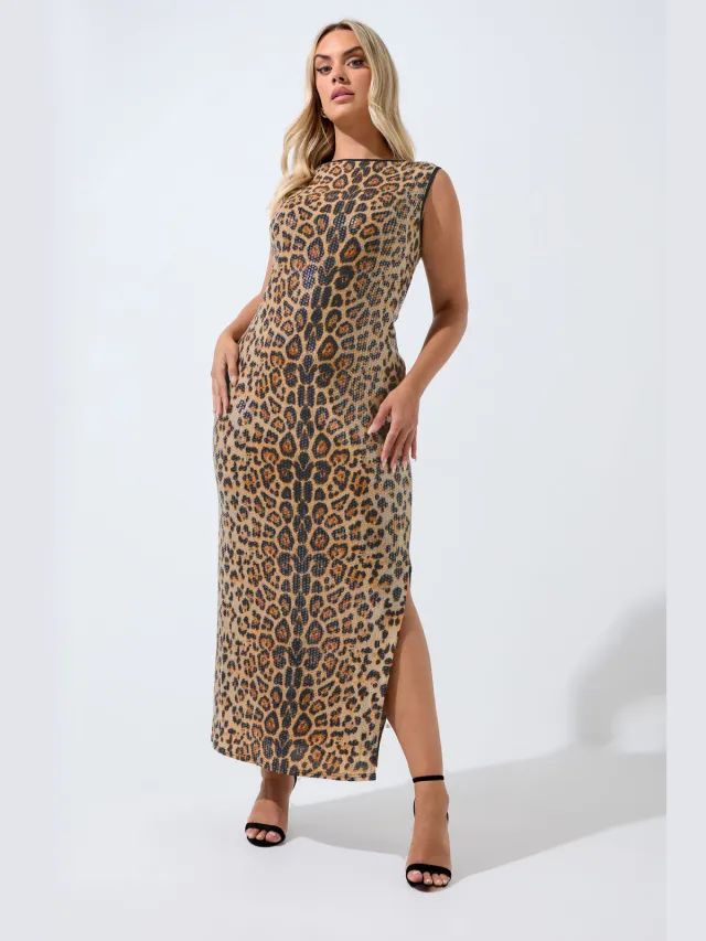 Limited Collection Bruine Luipaardprint Pailletten Maxijurk-52 Brown
