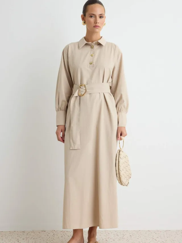 Trendyol Modest Dames Beige Effen Maxi Lang Casual A-lijn Modest Jurken Gebroken wit