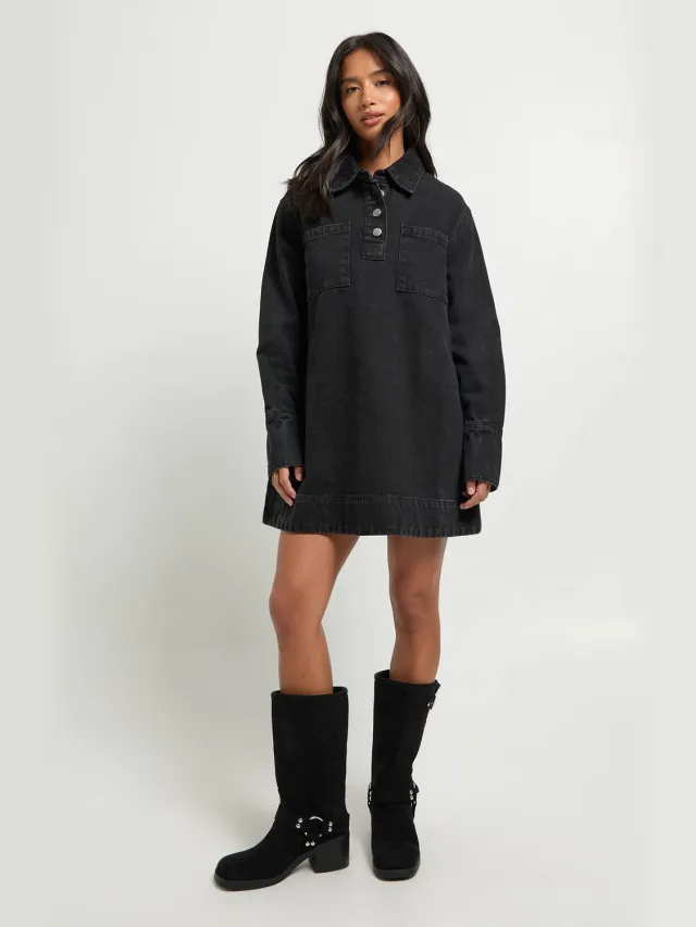 boohoo Dames Petite denim jurk met lange mouwen Washed Black