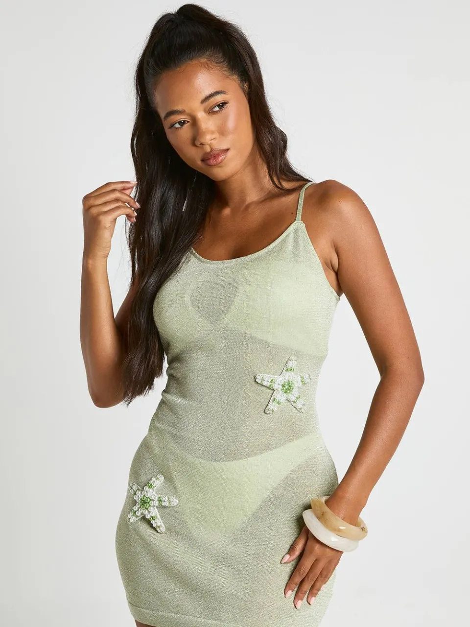 boohoo Dames Glinsterende Gebreide Mini-jurk Met Zeester Applicatie groente