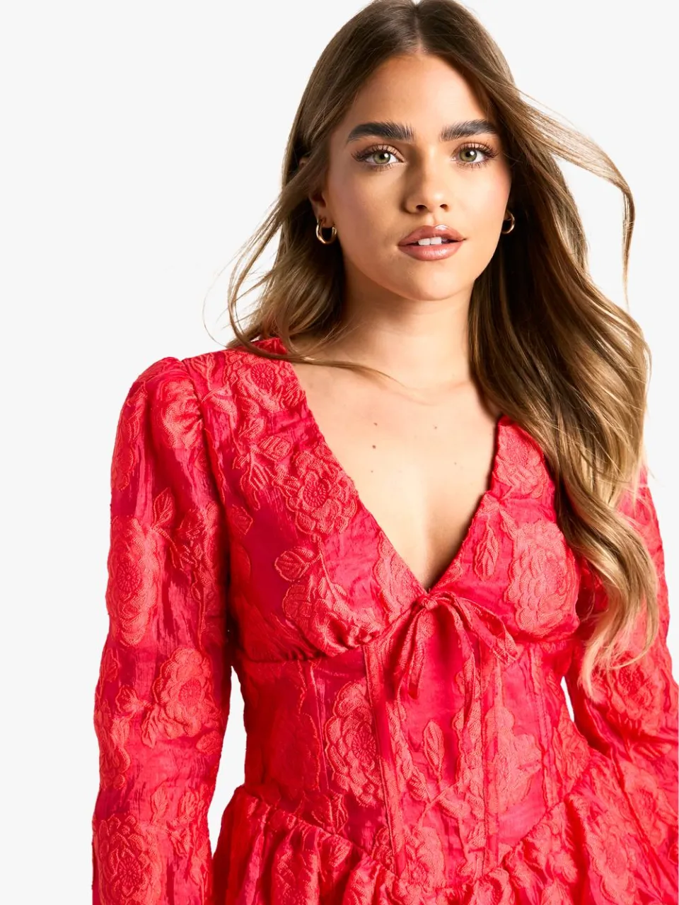 boohoo Dames Petite Jacquard Floral Corset Detail Skater Jurk rood, foto 4