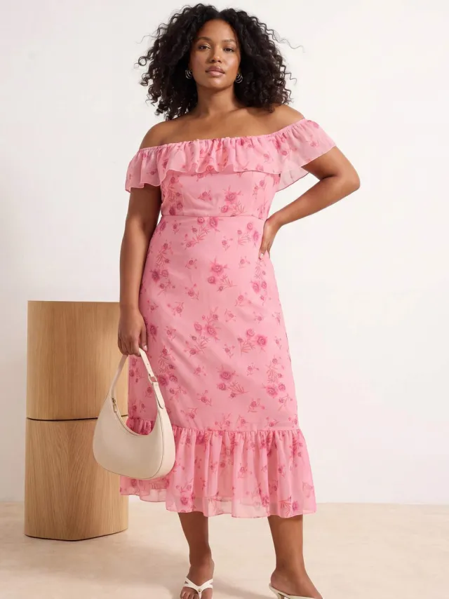 Trendyol Curve Dames Roze Bloemen Maxi Kort Casual A-lijn Grote maten Jurk