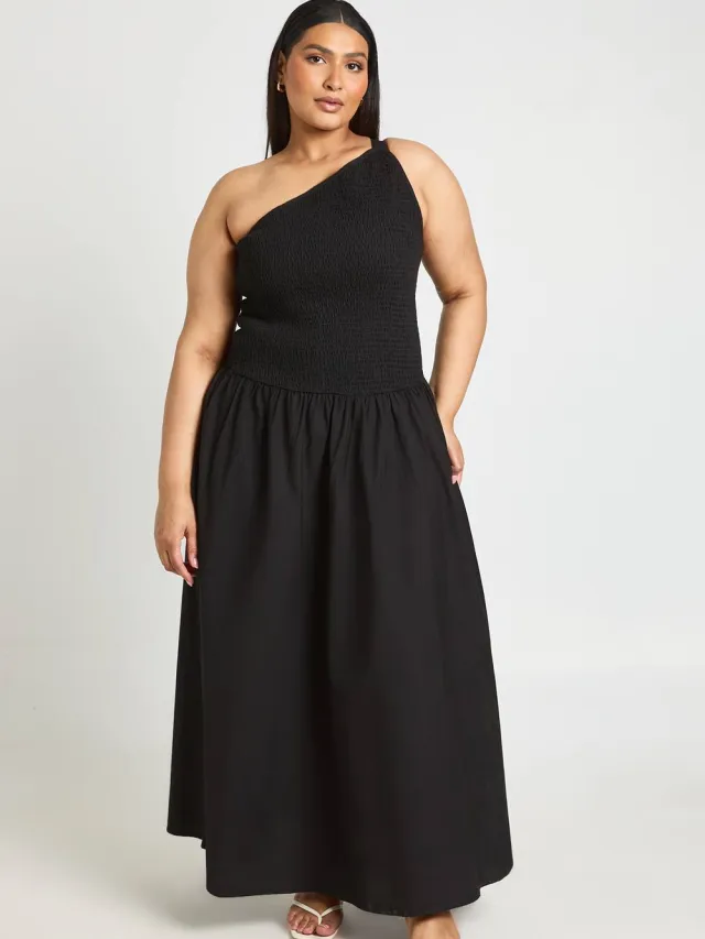 boohoo Dames Plus Asymmetrische Maxi-jurk Met Gerimpelde Body En Éen Schouder Zwart