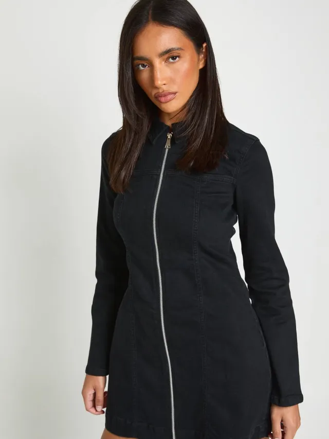 boohoo Dames Denim Mini-jurk Met Lange Mouwen En Rits Aan De Voorkant Washed Black