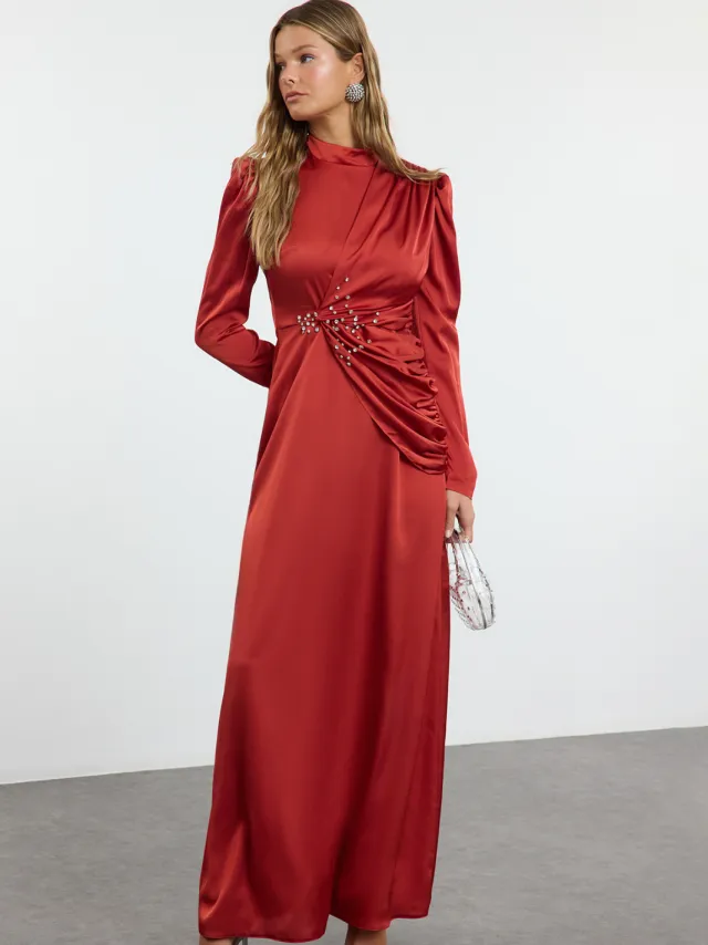 Trendyol Modest Dames Rood Effen Maxi Lang Stijlvol/Avond Recht Modest Avond Jurken