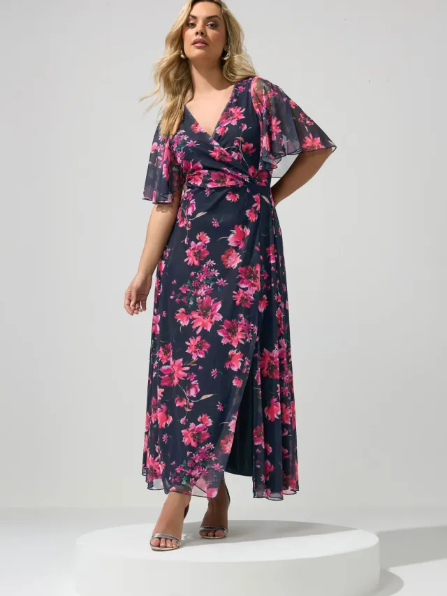 Yours London Marineblauwe Maxijurk Met Bloemenprint En Angelmouwen Blue