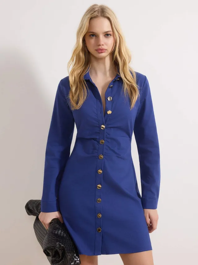Trendyol TRENDYOLMİLLA Dames Donkerblauw Effen Kort / Mini Lang Casual Blousejurk Jurken Marineblauw/Blauw