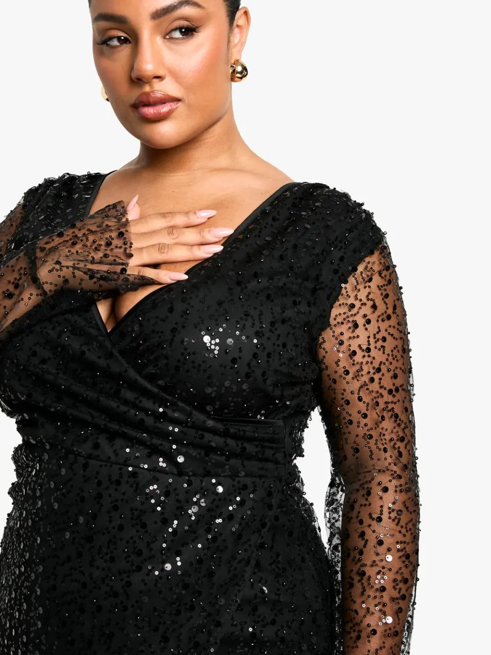 boohoo Dames Plus Kralen- en Paillettenwrapjurk zwart, foto 3