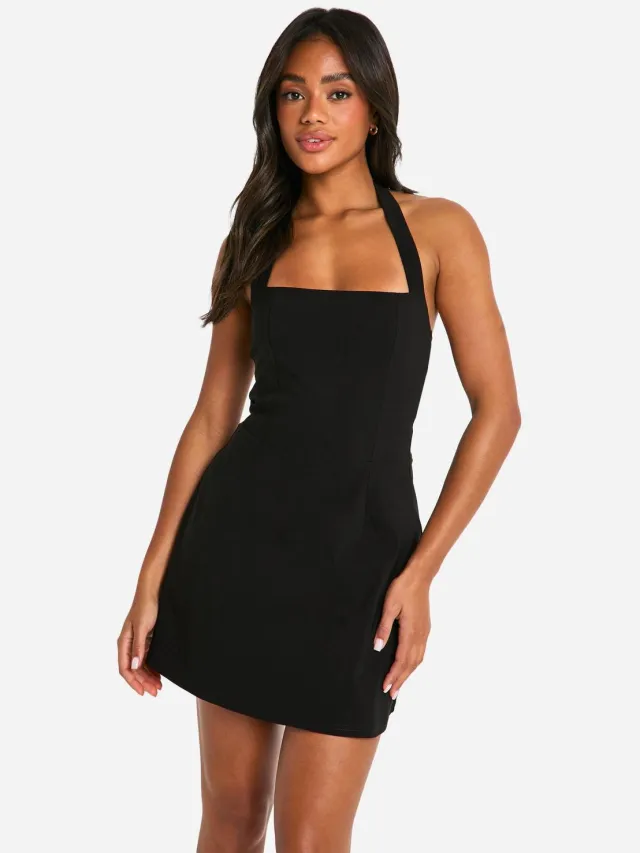 boohoo Dames Bengaline Jurk met Vierkante Hals en Skaterstijl Zwart