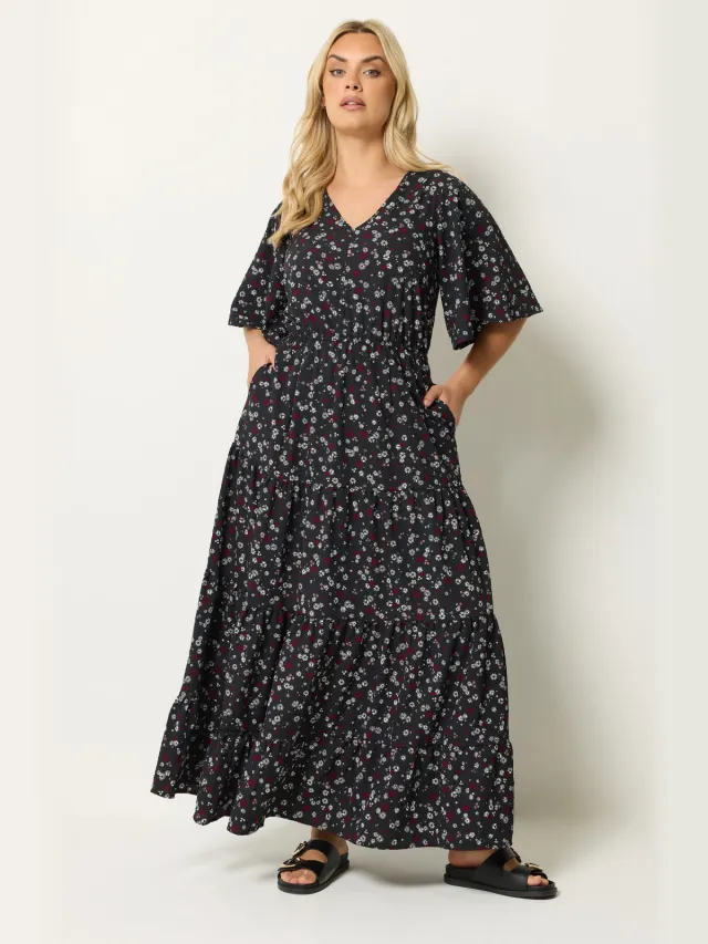 Yours Zwarte Getextureerde Maxijurk Met Fijne Bloemenprint Black