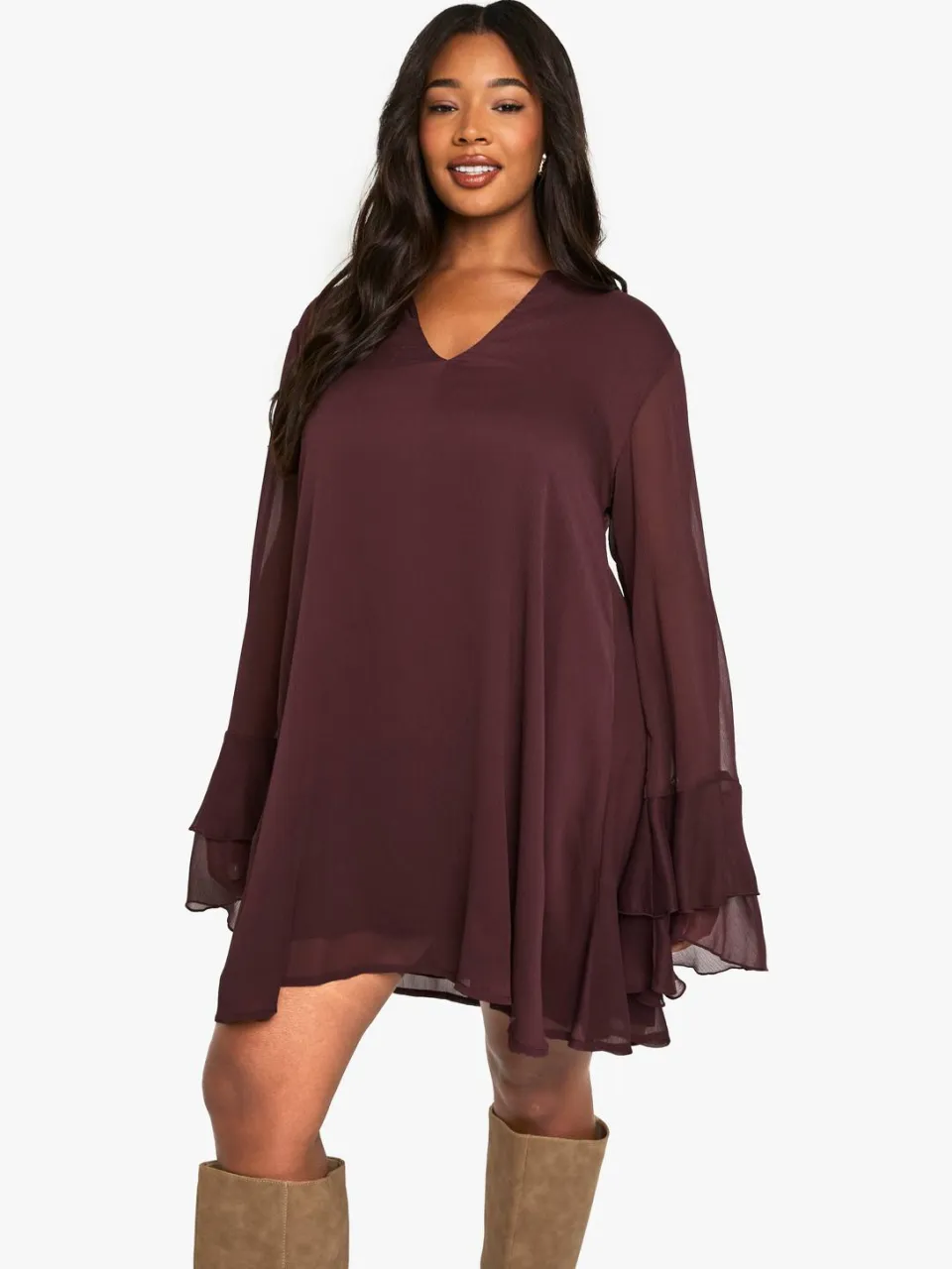 boohoo Dames Plus chiffon smock jurk met strik-hals pruim, foto 3