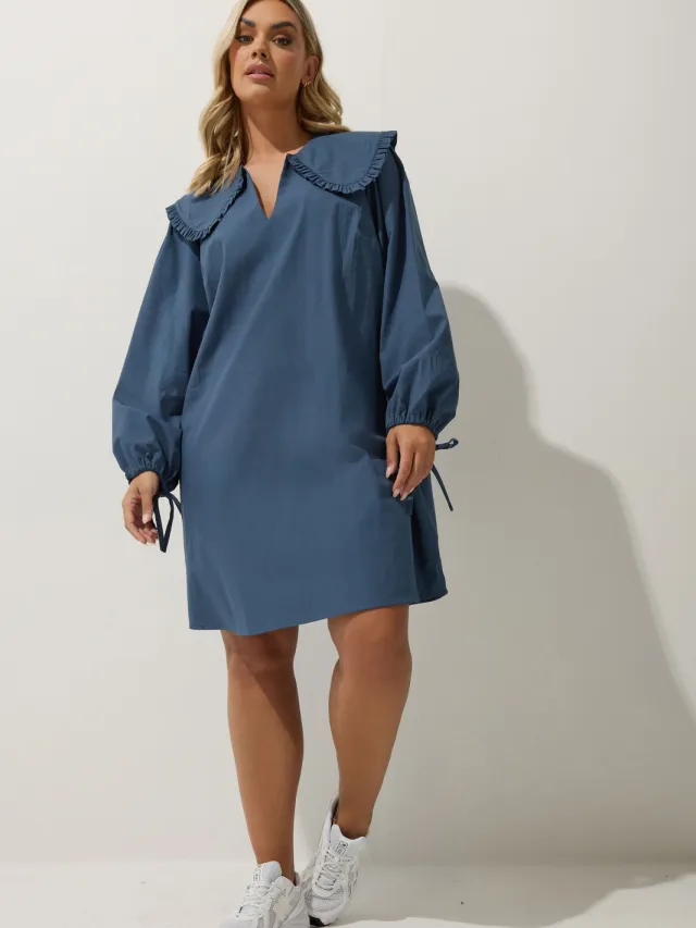 Limited Collection Katoenen Mini Jurk Met Oversized Kraag In Blauw Blue