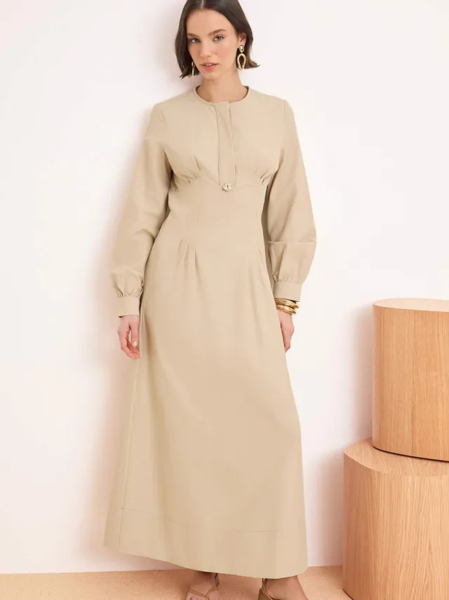 Trendyol Modest Dames Beige Effen Maxi Lang Casual Skater Modest Jurken Gebroken wit