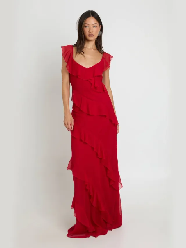boohoo Dames Lange Chiffon Maxi Jurk Met Ruches Tot Op De Grond Rood