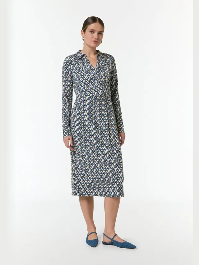 Comma female - Gedessineerde midi-jurk met wikkeleffect navy