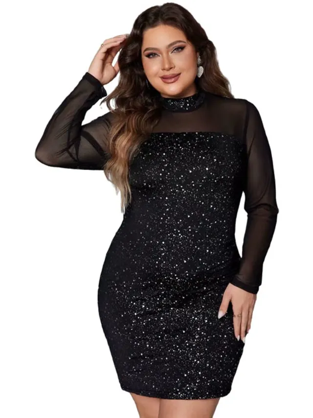 RedParrot Fashion glitter jurk plus size - Gala en feest - Lange mouwen - Grotere maten Zwart