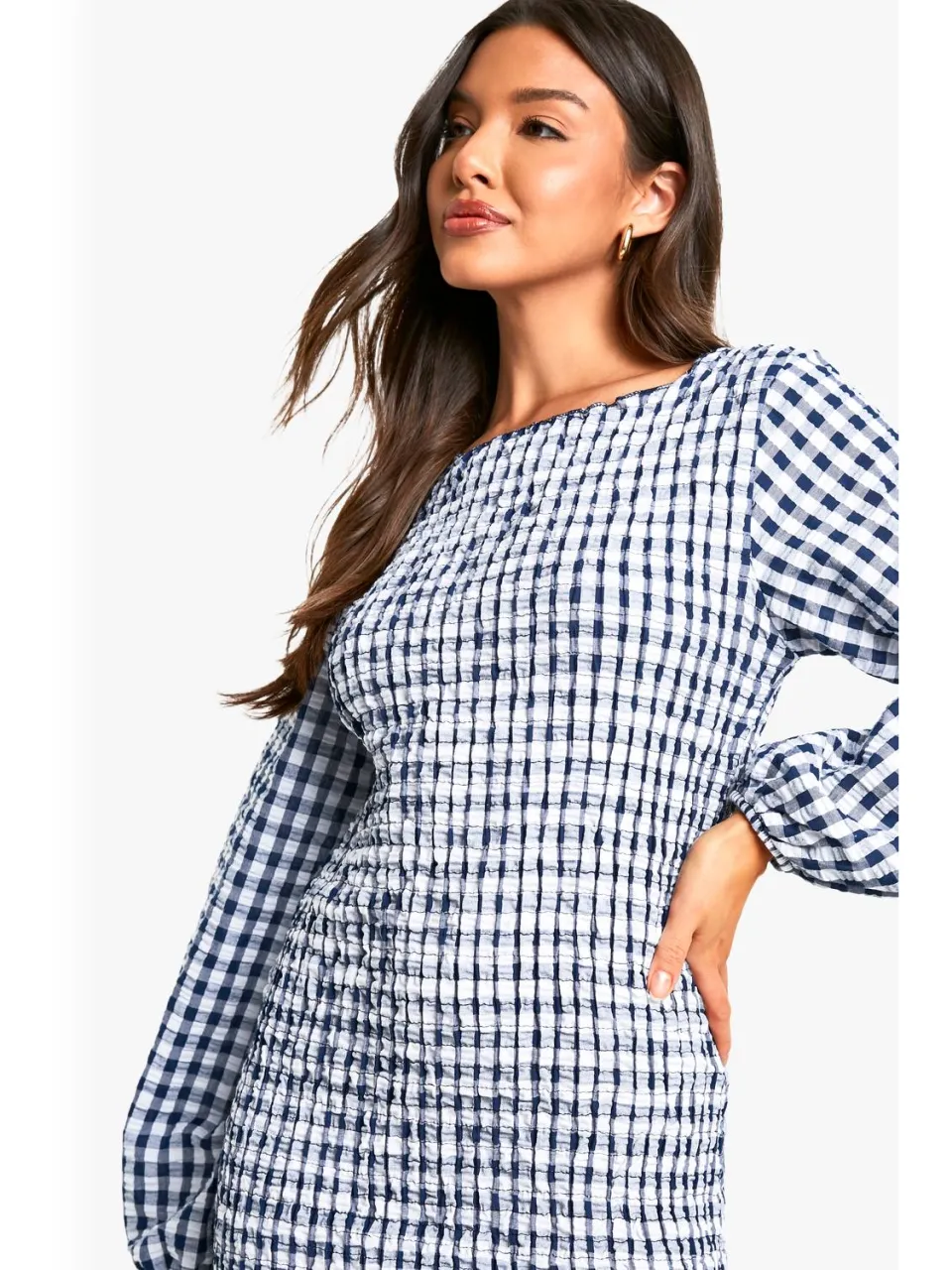 boohoo Dames Gingham geplooide lange mouw mini jurk marineblauw, foto 4