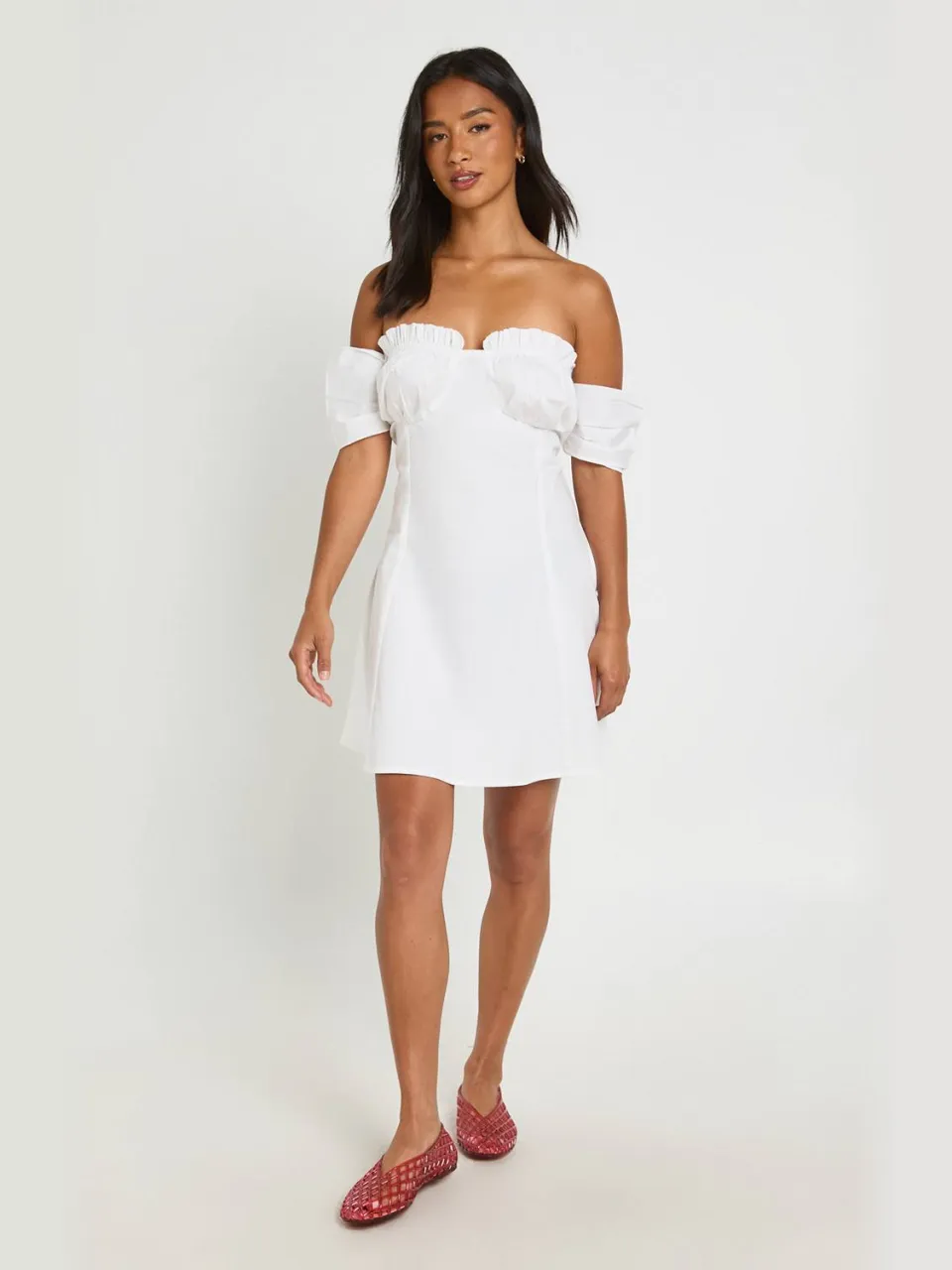 boohoo Dames Petite Mini Jurk Met Gerimpelde Buste En Bardot Hals ivoor, foto 3