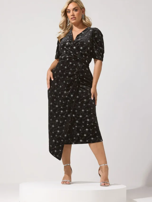 Yours London Zwarte Maxiwikkeljurk Van Fluweel Met Glittersterren Black