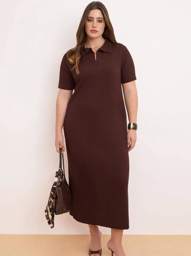 Trendyol Curve Dames Bruin Effen Kort / Mini Kort Casual Recht Grote maten Jurk