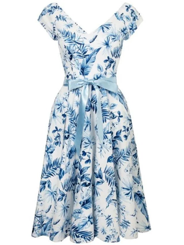 Hell Bunny Amazilia Dames Midi-jurk - blauw/wit blauw;wit