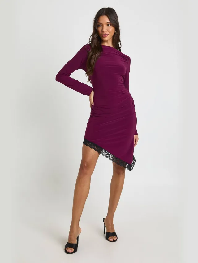 boohoo Dames Nauwsluitende Midi-jurk Met Boothals En Kanten Zoom Pruim