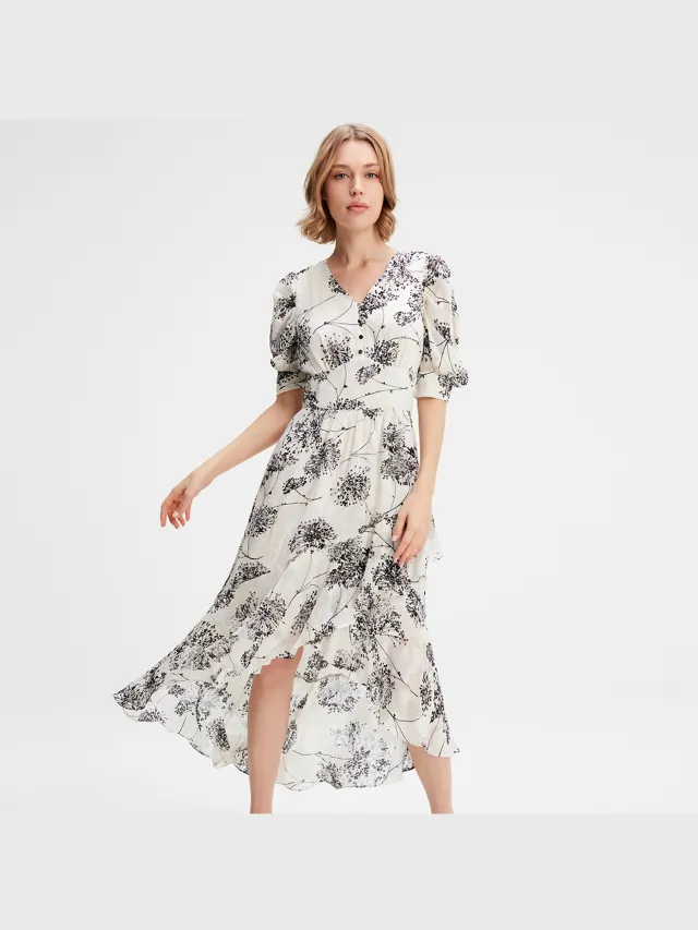 Smart & Joy Lineaire bloemafdruk Gemeende zoomjurk Wit