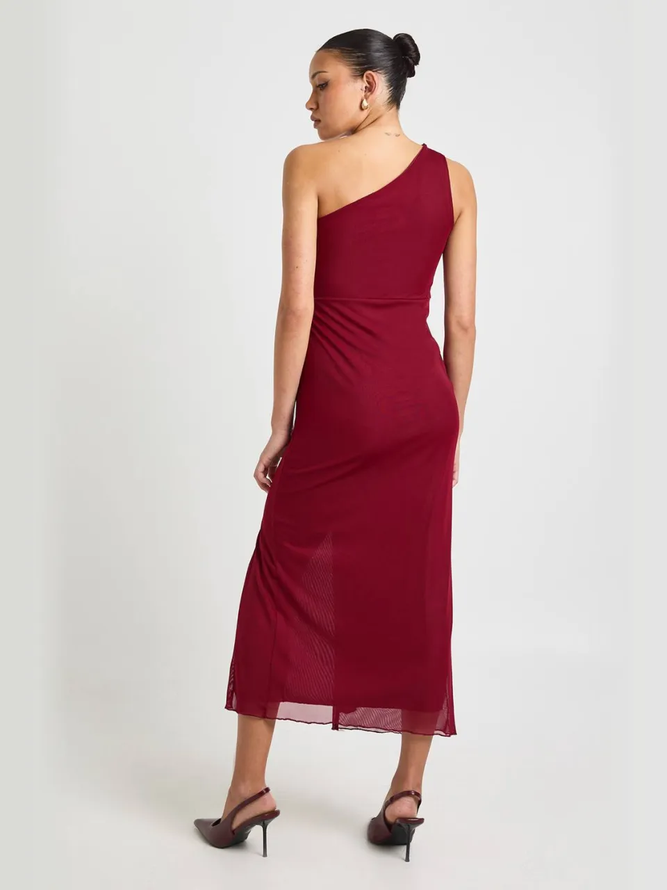 boohoo Dames Uitgesneden Éen-schouder Mesh Midaxi Jurk bordeaux rood, foto 2