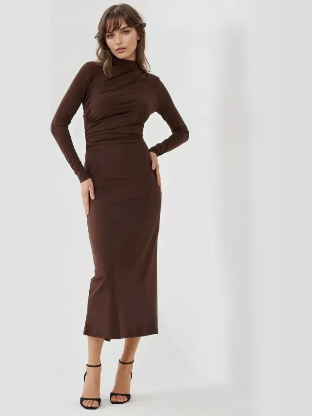 Hiccup Bodycon Gedrapeerde Midi-jurk Bruin