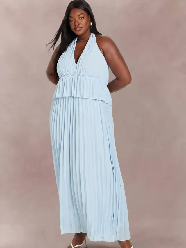 boohoo Dames Plus Halter Neck Jurk Met Ruches En Plooien Maxi Babyblauw