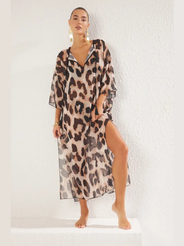 Trendyol TRENDYOLMİLLA Dames Meerkleurig Dierenprint Maxi Driekwart mouw Strandkleding Recht Strandjurken Veelkleurig