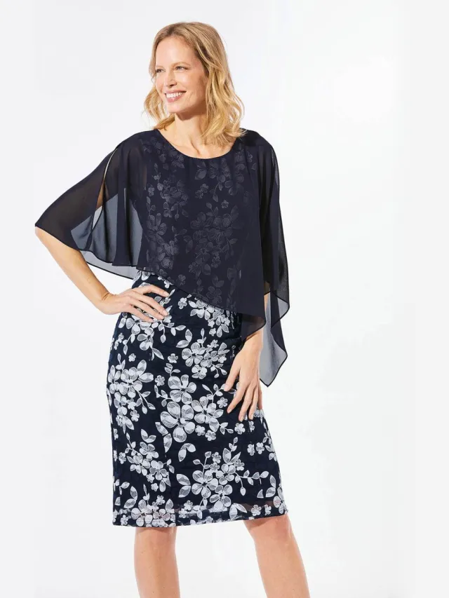 GOLDNER Kanten jurk Jurk van elegant kant met chiffon omslag marine / wit / gebloemd