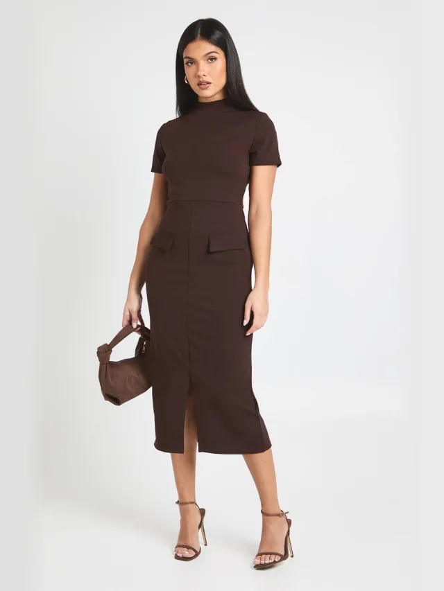 boohoo Dames Crepe Midi Jurk met Hoge Hals en Zakdetail Chocoladebruin