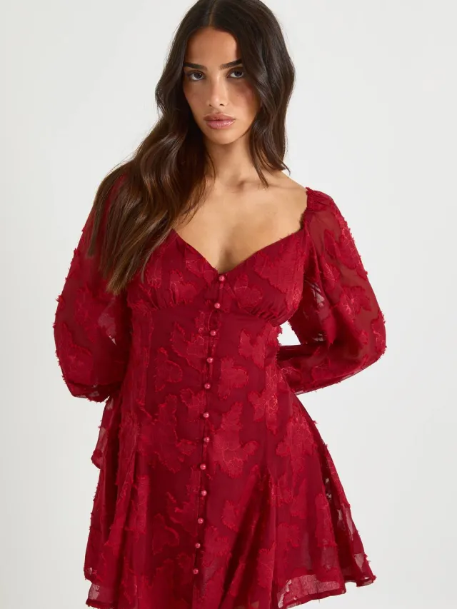 boohoo Dames Petite Burnout Bloemenprint Mini-Jurk met Godetzoom Bordeaux Rood