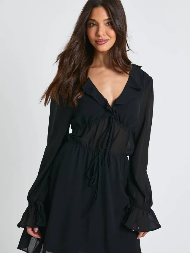 boohoo Dames Mini-jurk met lange mouwen, geruched met franje-detail Zwart