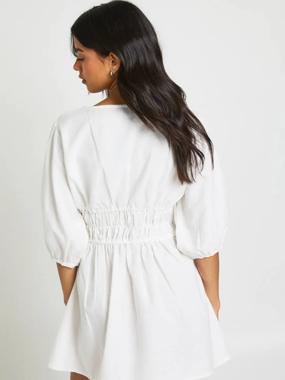 boohoo Dames Linnen-look Jurk Met Volumineuze Mouwen En Gerimpelde Skater-stijl ivoor, foto 3