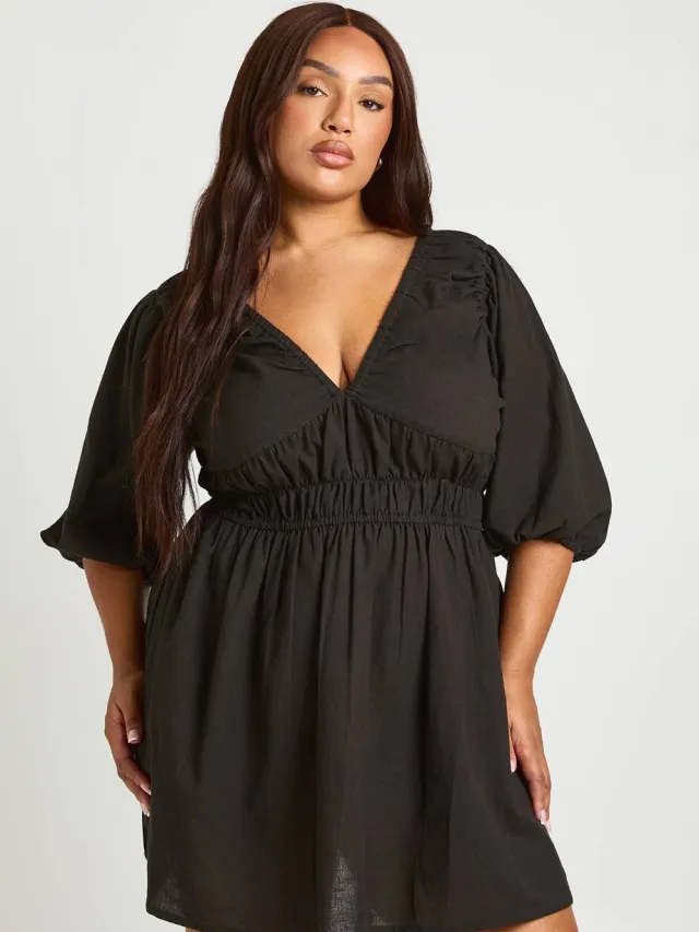 boohoo Dames Plus Linnen-look Jurk Met Pofmouwen En Gerimpelde Taille Zwart