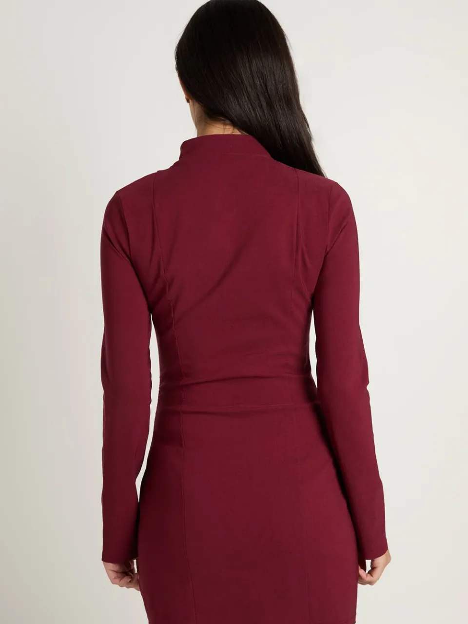 boohoo Dames Bengaline Mini-jurk Met Hoge Hals En Lange Mouwen bessen, foto 3