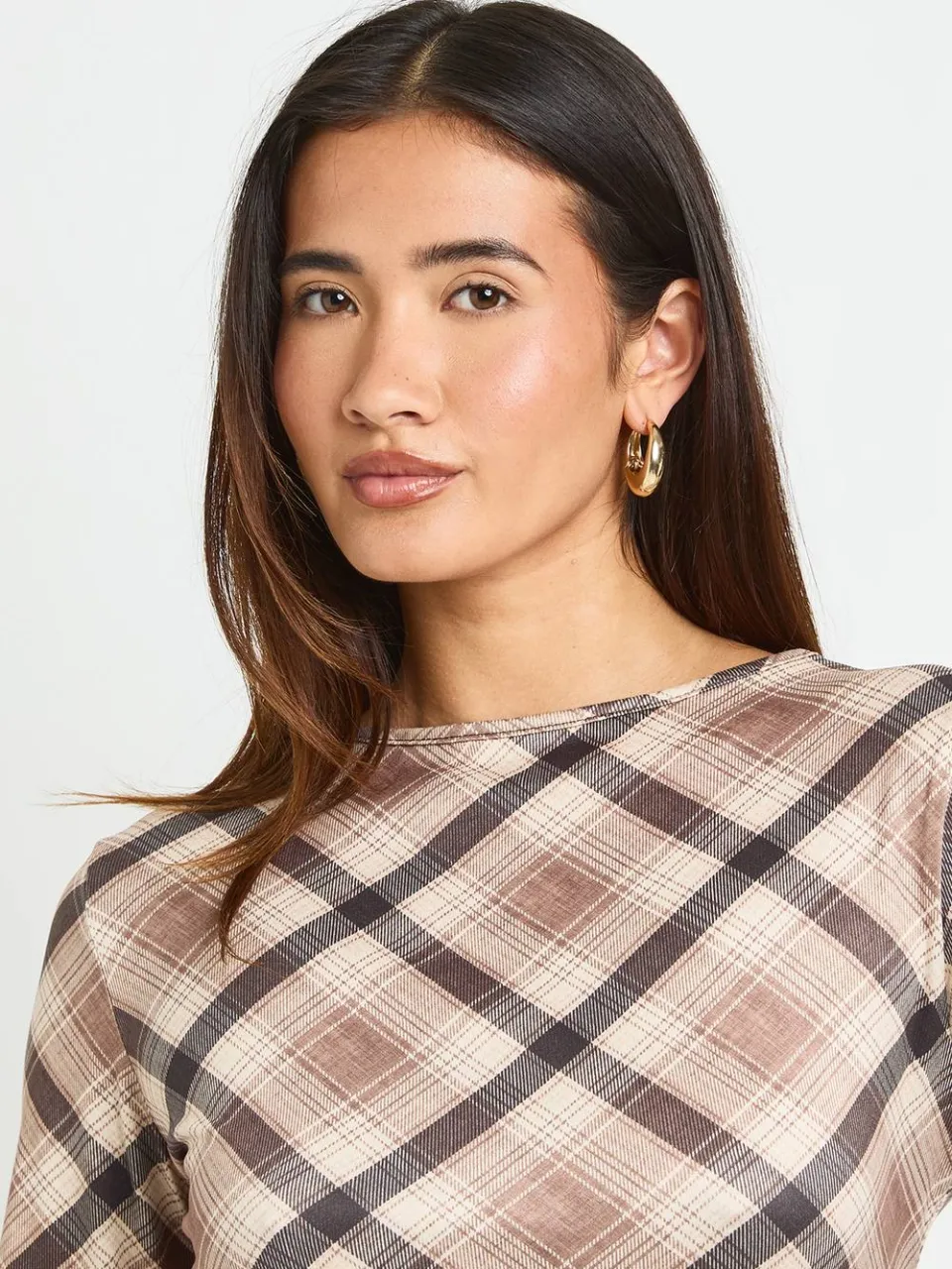 boohoo Dames Tonal Geruit Mini-jurk Met Lange Mouwen zand, foto 4