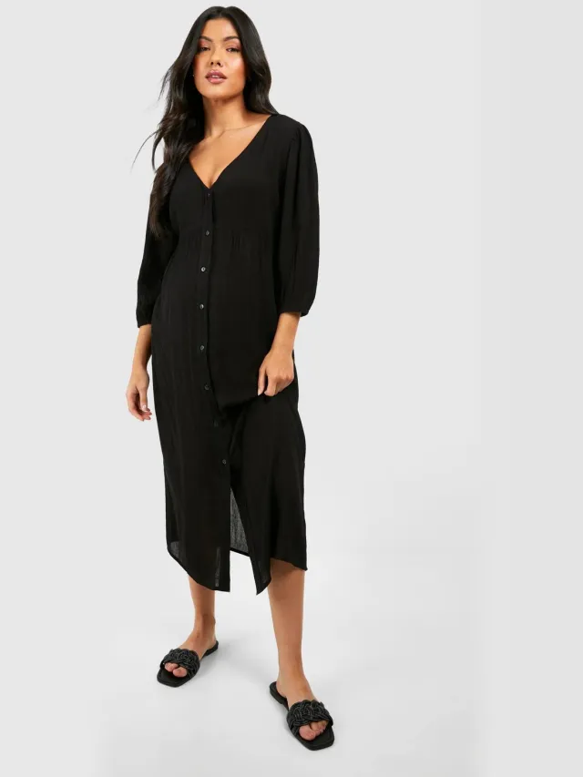boohoo Dames Zwangerschapsjurk van kaasdoek met knoopsluiting midi jurk Zwart