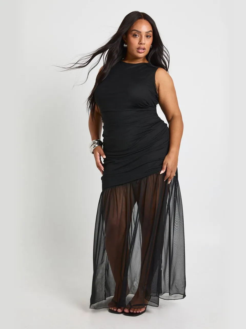 boohoo Dames Plus Gerimpelde Taille Transparante Rok Maxi-jurk zwart, foto 3