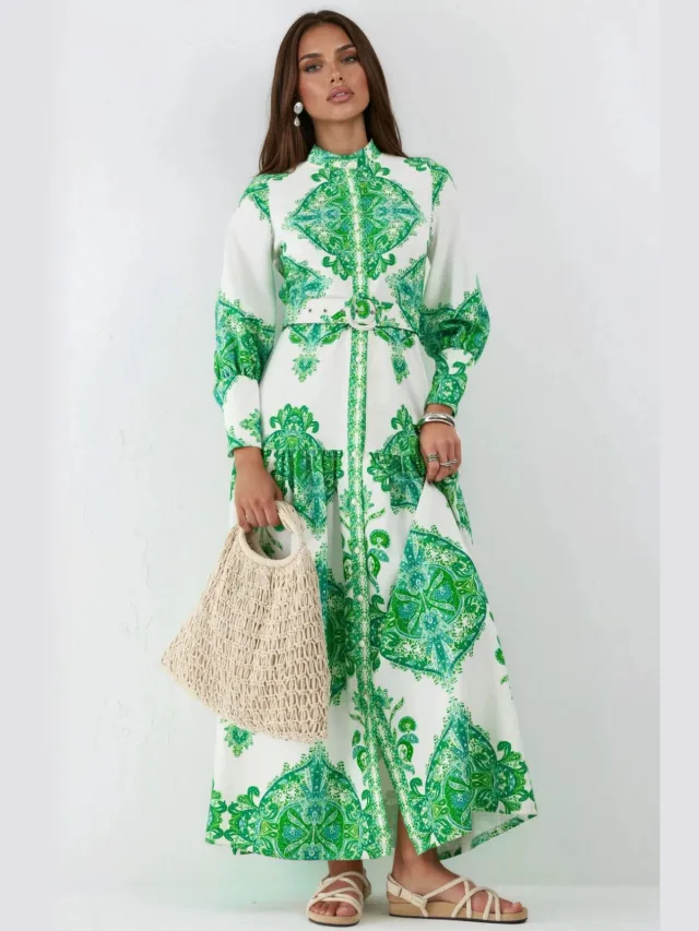 MSN Collection Paisleyprint Maxi-jurk met riem en overhemdkraag Veelkleurig